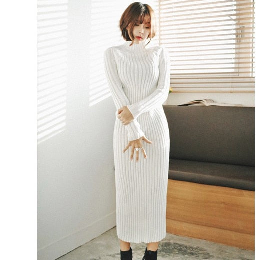 Women Winter Sweater Knitted long Red Midi Dresses (S-L)