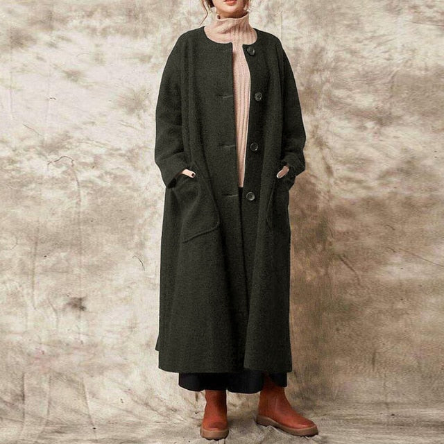 2019 Autumn Vintage Women Long Casual Buttons Coat