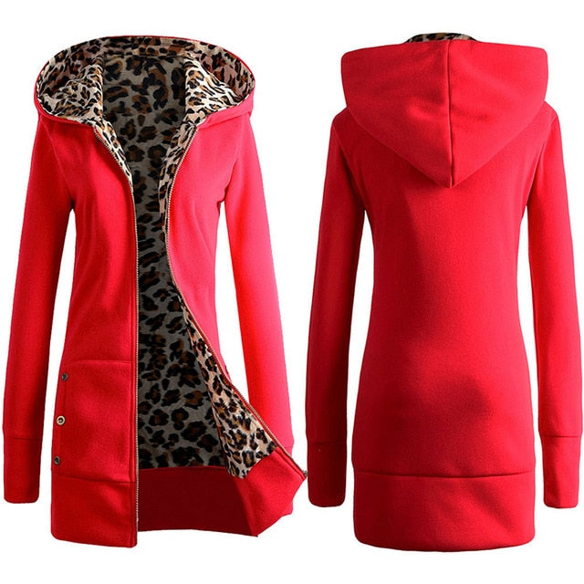 Women Plus Winter Thicker Hooded Coats Overcoat Outwear Female Korean Style Pocket Jacket Autumn Leopard Zipper Hoodes Coat