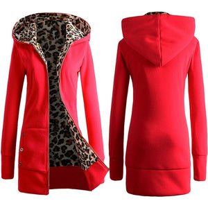 Women Plus Winter Thicker Hooded Coats Overcoat Outwear Female Korean Style Pocket Jacket Autumn Leopard Zipper Hoodes Coat