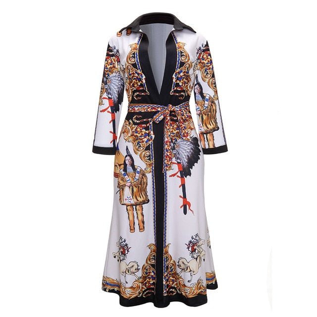 2019 Women'S V Neck Scarf Print Belted Wrap Casual Dress (S-XL)