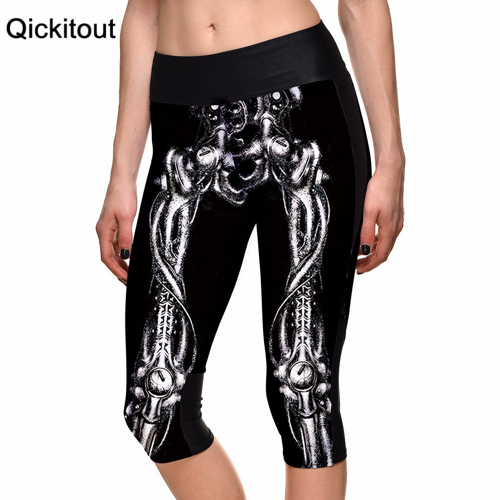 Hot women's 7 point pants Sexy ladies leggings White skeleton evil demon digital print women high waist Side pocket phone pants