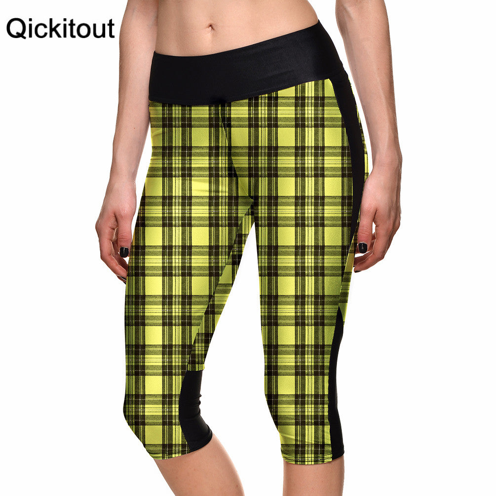 S-XL Fashion Women's 7 point pants women leggings Yellow checkered plaid digital print women high waist Side pocket phone pants