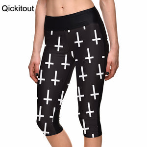 Fashion Sexy Hot Women's 7 point pants women legging Black white cross digital print women high waist Side pocket phone pant