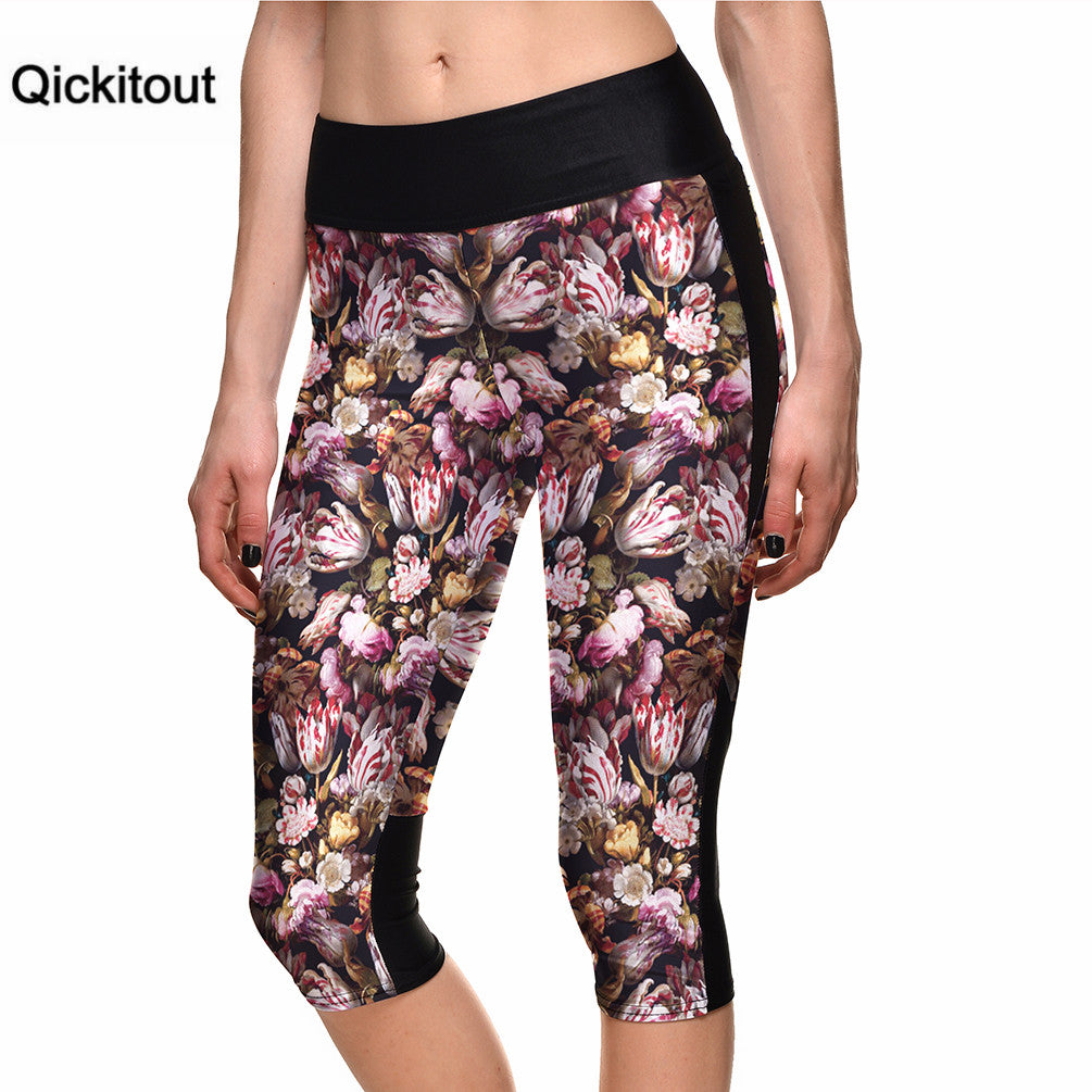 Qickitout 2016 Women's Fashion 7 Point Pants Flower Digital Printing Leggings high waist Side pocket phone pant  Drop Shipping