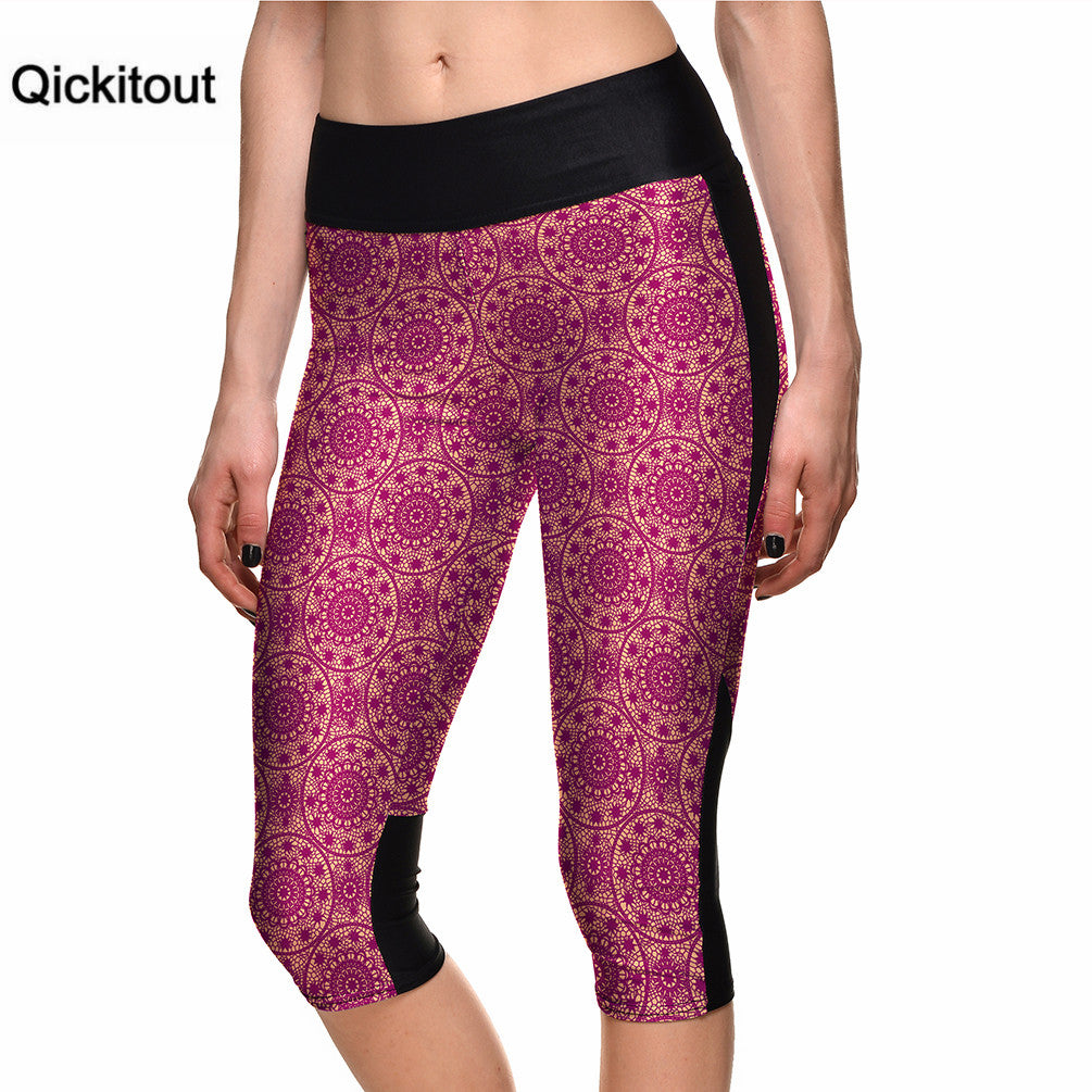 Qickitout Drop Shipping Summer Women Fashion Red Leggings Scissor-cut  Digital Print 7 Point Pants high waist Side pocket