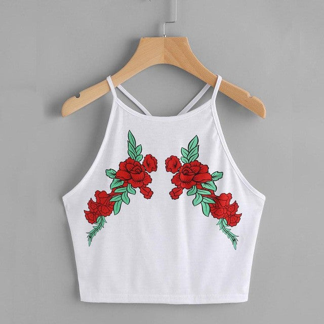 Sexy floral Embroidery camisole 2017 Summer Rose Print sleeveless White tank top tees Causal streetwear women tops female cami