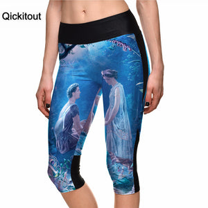 Qickitout 2016 New Fashion Leggings cartoon Digital Print 7 Point Pants high waist Side pocket  phone pant Drop shipping