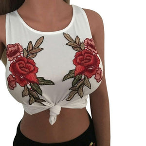 Fashion Tank Tops Women Sexy O-Neck Rose Appliques Sleeveless Tanks Tops Casual Black White Cotton Shirt crop tops women 2017