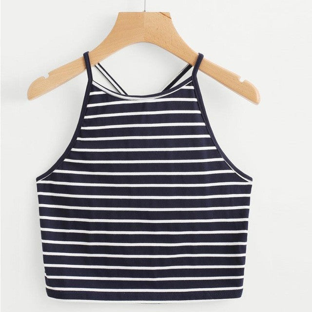 Fashion Striped Camis 2017 Summer Women Fashion Sexy Short Cropped Crop Top Sleeveless Navy T-Shirt Backless Tops