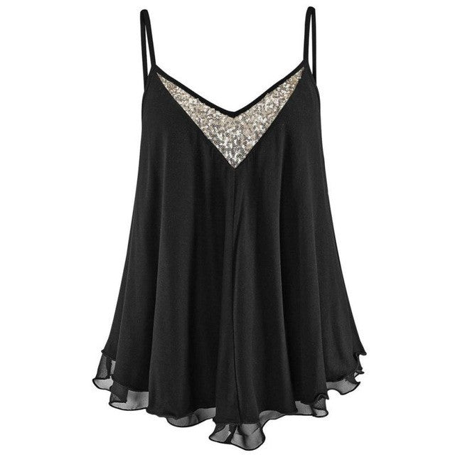 Womens Sequins Sling Camisole V Neck Chiffon Vest Shirt Ladies Summer Tank Tops black/white camis tops blusa
