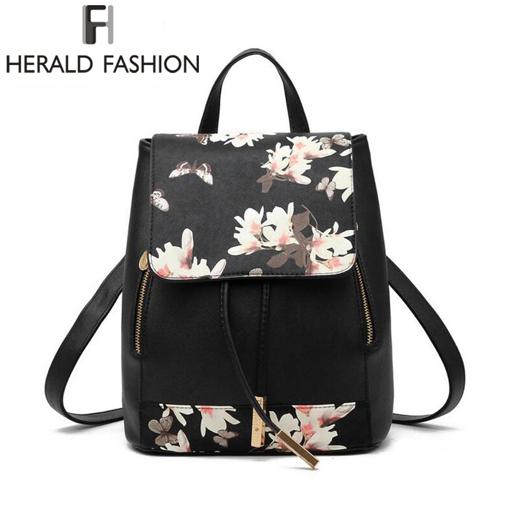 Herald Fashion Preppy Style School Backpack Artificial Leather Women Shoulder Bag Floral School Bag for Teens Girls
