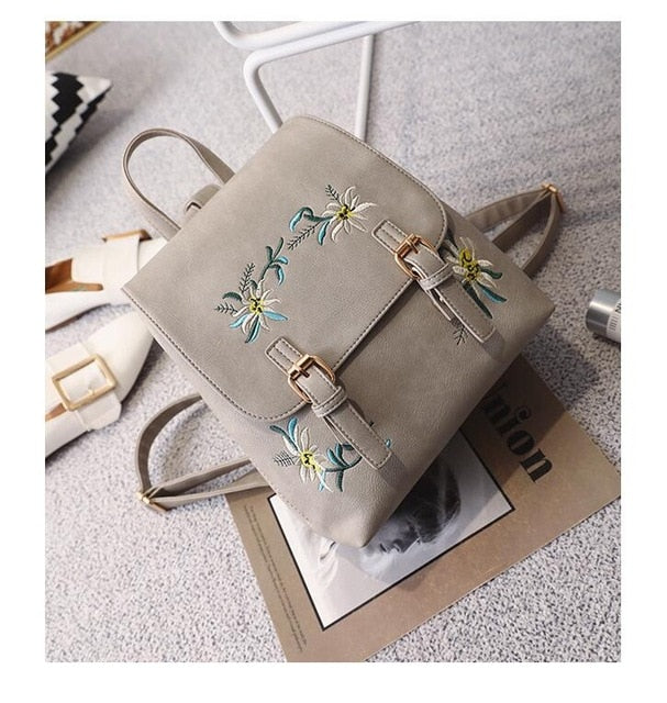 Fashion Floral Pu Leather Backpack Women Embroidery School Bag For Teenage Girls Brand Ladies Small Backpacks Gray Sac LB263