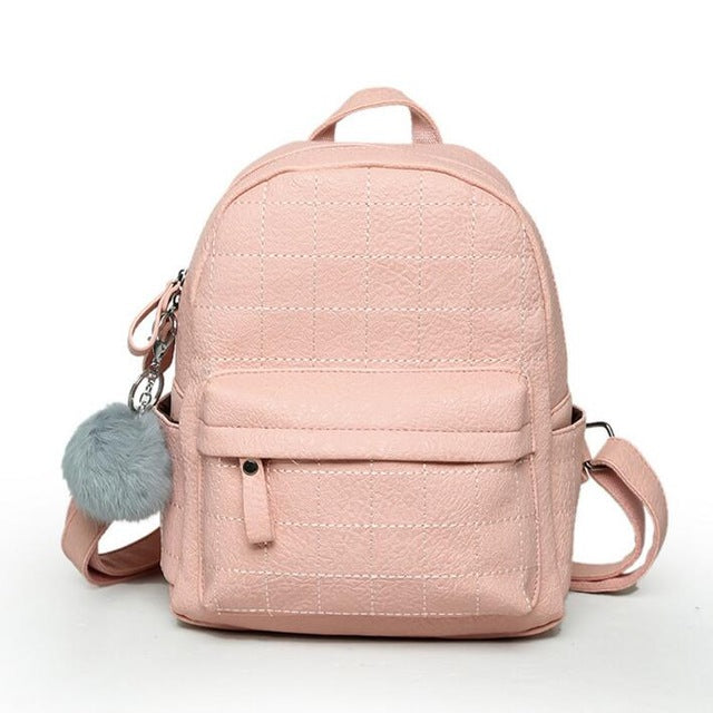 Pink Women Backpack Fur Ball Ornaments School Bag PU Leather Plaid Bag Casual Fresh Teenager Bag For Girls Mochila LB306