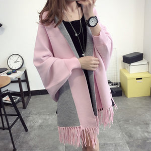 H.SA 2016 Autumn New Women's ElegantTassel Swing Cardigan Knitted Oversized Sweater Scarf Cape Poncho Long Cardigan Top Quality