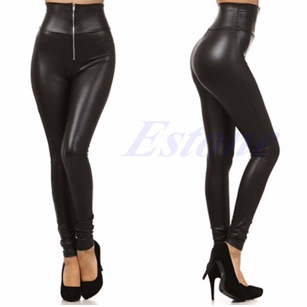 Sexy Lady Woman Faux Leather Leggings Zip Up Patchwork HighWaist Elastic Pants