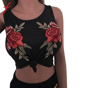 Fashion Tank Tops Women Sexy O-Neck Rose Appliques Sleeveless Tanks Tops Casual Black White Cotton Shirt crop tops women 2017