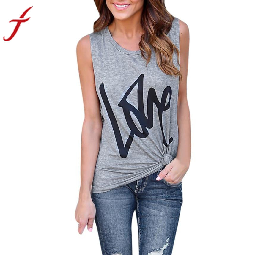 LOVE Letters Printing Womens T-Shirt Cotton Summer Vest Tops Sleeveless Casual Crop Tops Shirt Gray Women's Clothing Clothes
