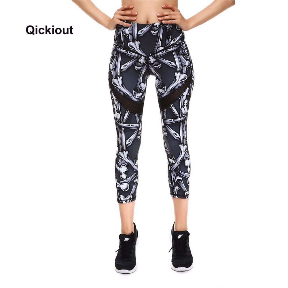 Qickitout Leggings 2017 New Arrival Women's Digital Print PANTS Black White bone Skeleton Hip High Waist Pants Fitness Leggings