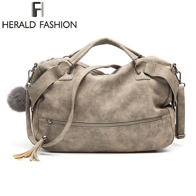 Herald Fashion  Vintage Nubuck Leather Female Top-handle Bags Rivet Larger Women Bags Hair Ball Shoulder Bag New Motorcycle Bags