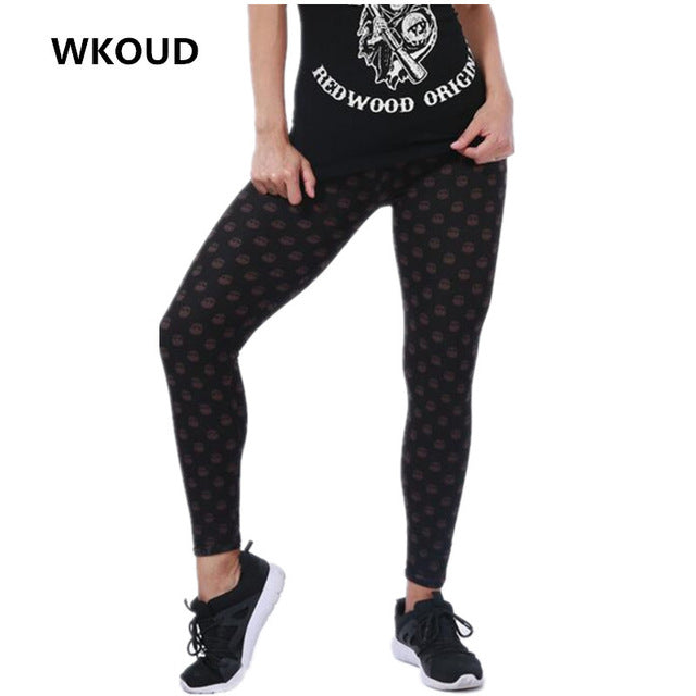 WKOUD Women Black Leggings Fashion Casual Skinny Pants Sexy Skull Printed Pant Slim Elastic Jeggings Footless Trousers P8197