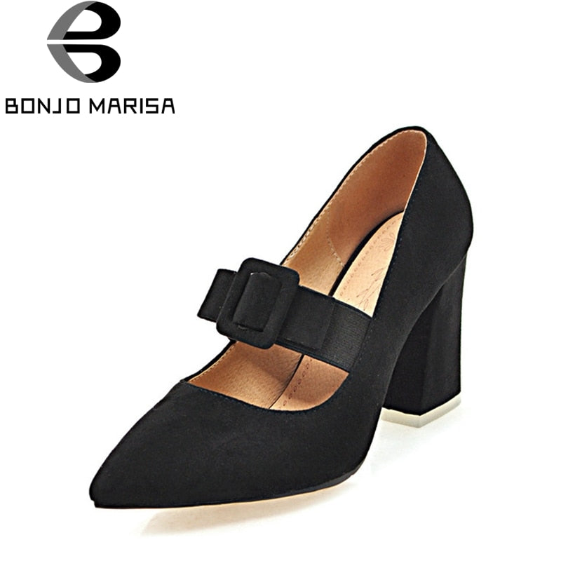 BONJOMARISA Women's Sexy Pointed Toe Mary Jane Buckle Bowtie High Heels Shoes