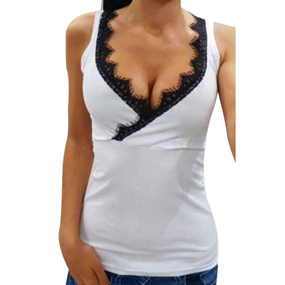 Women Casual Sleeveless Lace Crop Top Vest Tank Shirt Blouse Cami Top