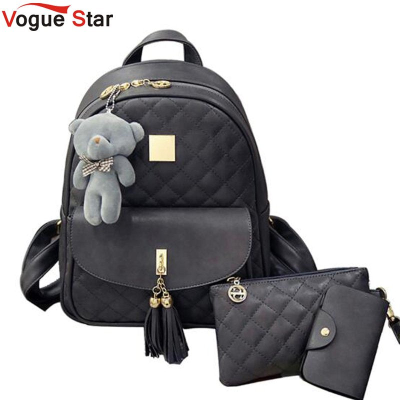 Vogue star 3 Pcs Bear Backpack Women Bag Diamond Lattice School Bags For Girls Backpacks For Women New Tassel Shoulder Bag LB316
