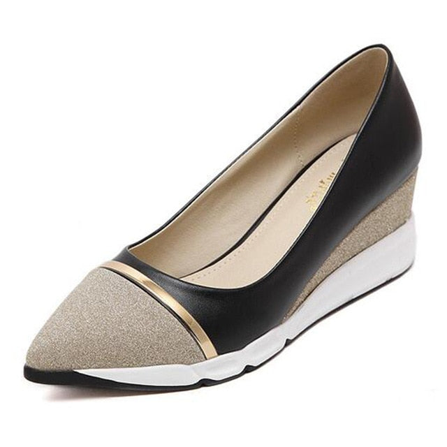 HEE GRAND Women's Wedges Pumps Women Pointed Toe Solid Slip-on Shoes