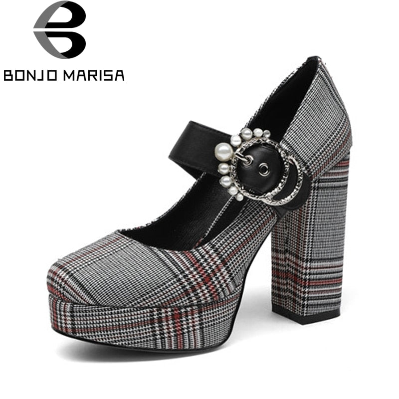 BONJOMARISA Square High Heels Round Toe Platform Shoes