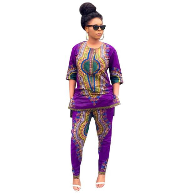 Women Fashion African Print Casual Straight Print Tops+Pants