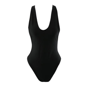 One Piece Simple Backless Deep V Neck Bodysuit - Monokini - Swimsuit