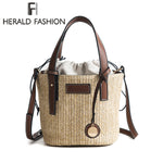 Herald Fashion Female Bucket Cylindrical Straw Bags Summer Beach Bags Wheat-straw Woven Women Crossbody Bags Shoulder Tote Bag