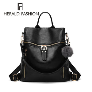Herald Fashion Simple Backpack Women PU Leather Backpack For Teenage Girls School Bags Fashion Vintage Solid Black Shoulder Bag