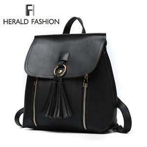 Herald Fashion Women Backpack With Tassel Large Capacity Leather School Bag for Teenage Girl Female Shoulder Bag Bagpack mochila