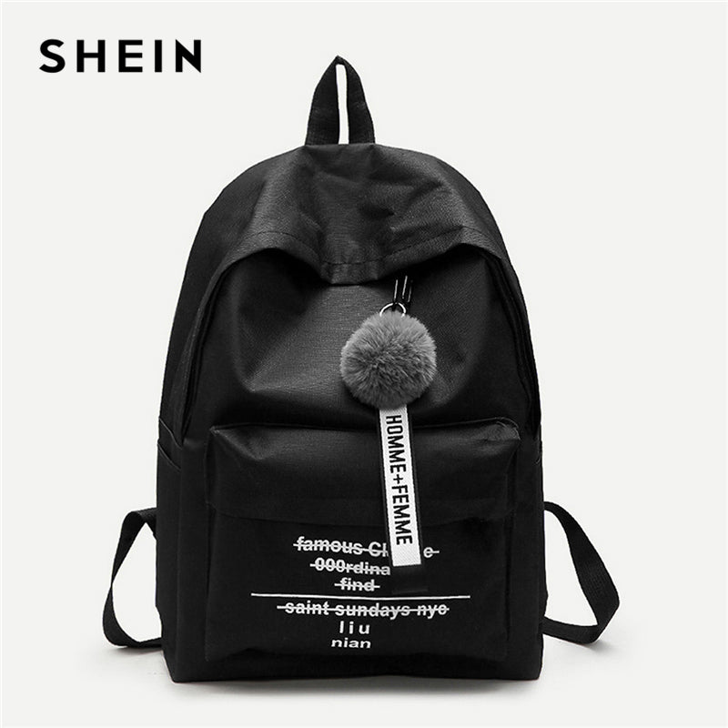 SHEIN Black Pom Pom Decor Backpack Modern Lady Detail Zipper Cute Bags Women Letter Print New Fashion Backpacks
