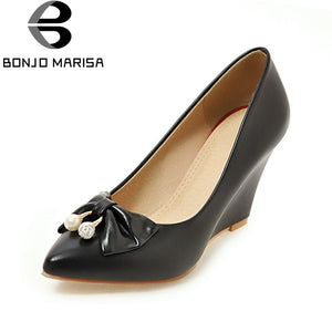 BONJOMARISA [Big Size] Rhinestone Bowtie High Heel Wedge  Office Shoes