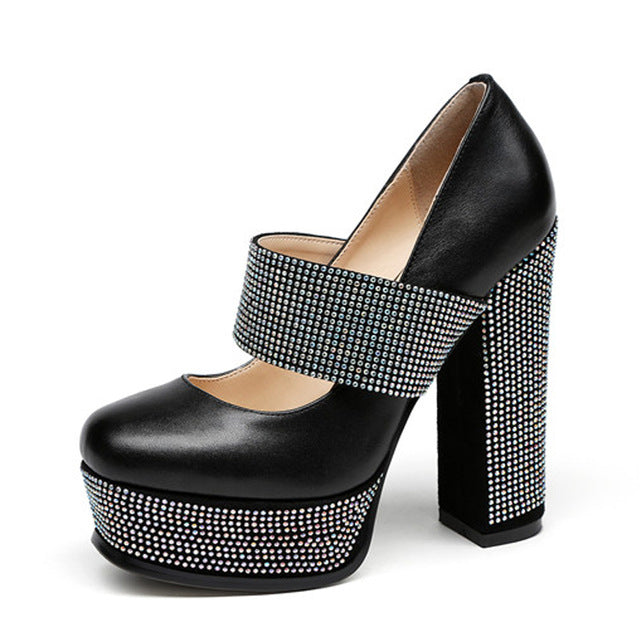 BONJOMARISA Women's Genuine Leather Square High Heel Platform Shoes