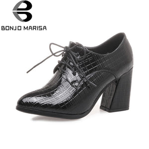 BONJOMARISA [Big Size] Women's Vintage Chunky High Heels Lace Up Pointed Toe Shoes