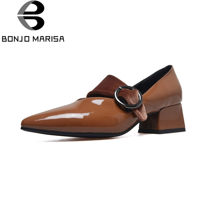 BONJOMARISA [Big Size] Genuine Leather Women's Buckle Strap Patent Leather Office Lady Shoes
