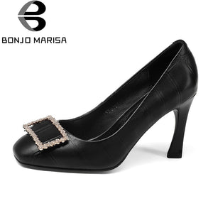 BONJOMARISA [Big Size] Women's Genuine Leather Square High Heels Round Toe Solid Shoes