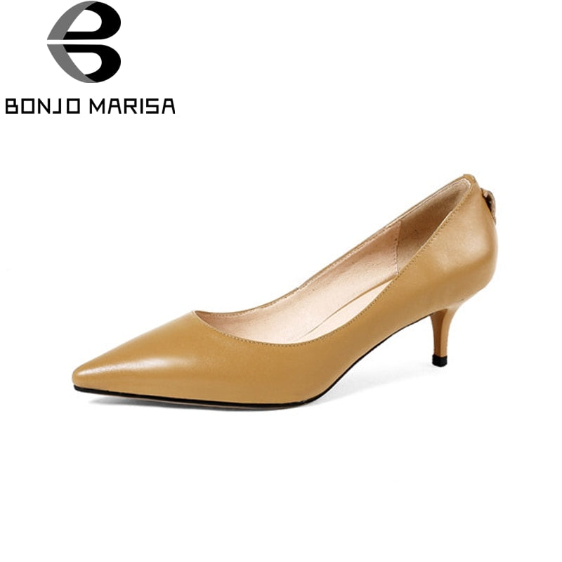 BONJOMARISA Genuine Leather Pointed Toe Thin Med Heels Casual Office Lady Shoes