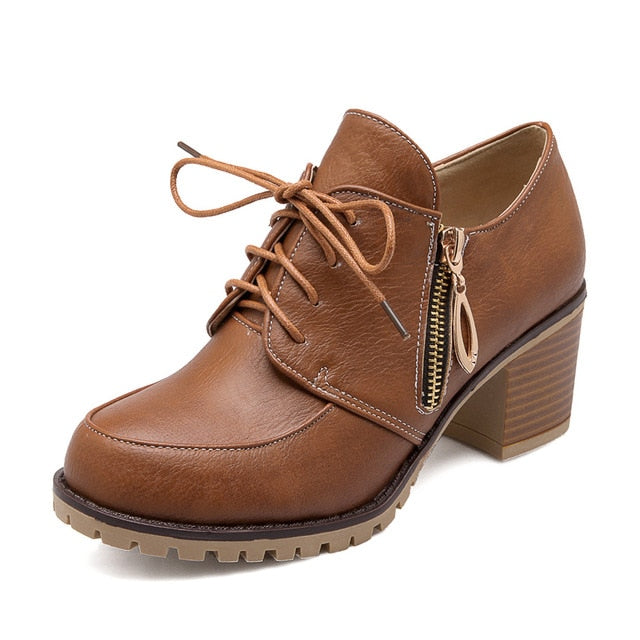 BONJOMARISA [Big Size] Square High Heels British Style Platform Shoes