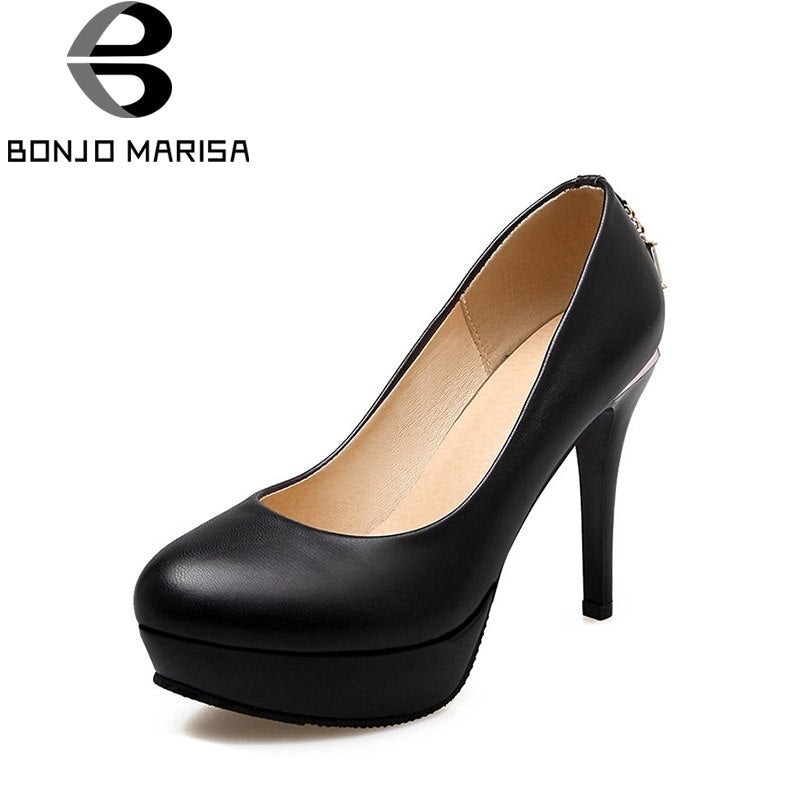 BONJOMARISA [Big Size] Sexy High Heels Round Toe Party Wedding Office Shoes