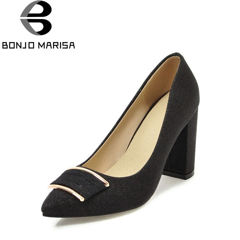 BONJOMARISA [Big Size] Square High Heels Party Wedding Office Bling Synthetic Shoes