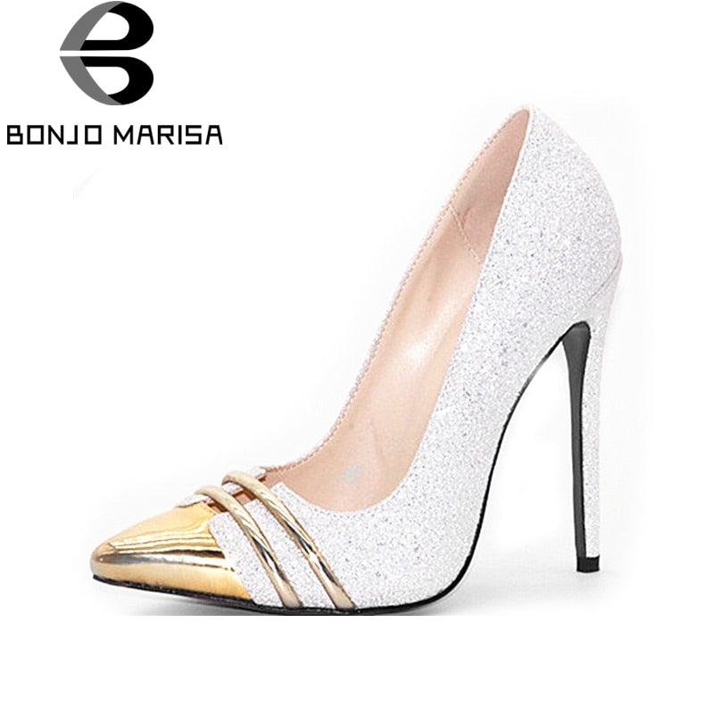 BONJOMARISA [Big Size] Sexy Gold Shining Glitter Pointed Toe Thin High Heel Shoes