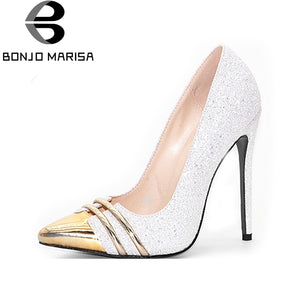 BONJOMARISA [Big Size] Sexy Gold Shining Glitter Pointed Toe Thin High Heel Shoes