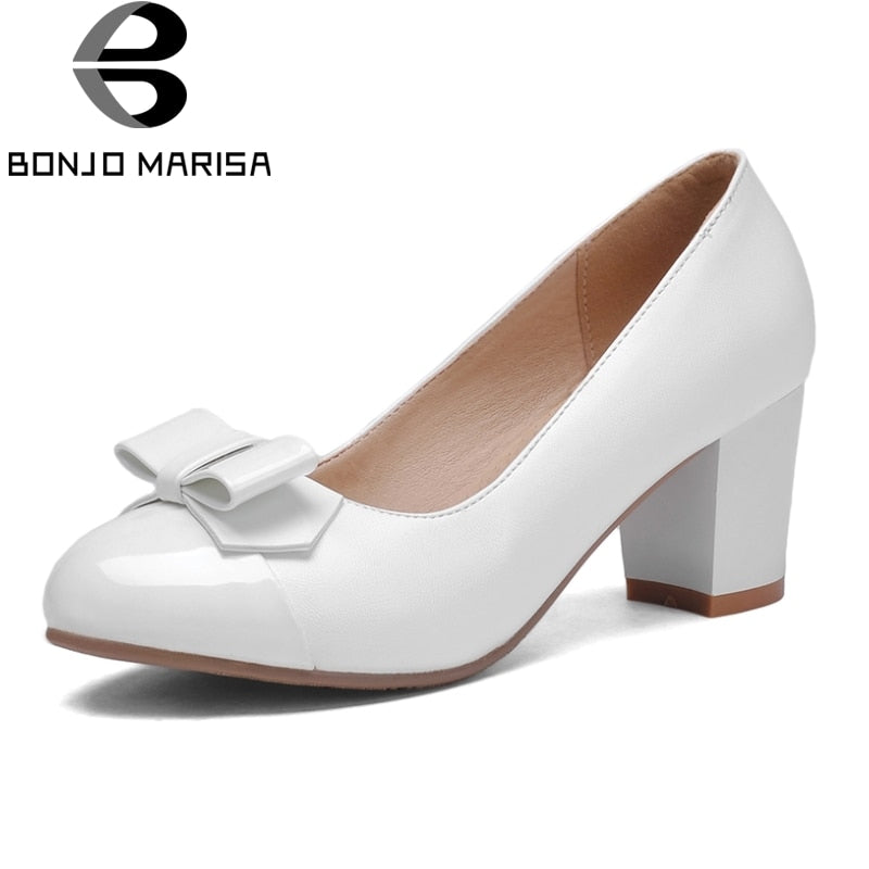 BONJOMARISA Women's [Big Size] Sweet Bowtie Square Heels Shoes