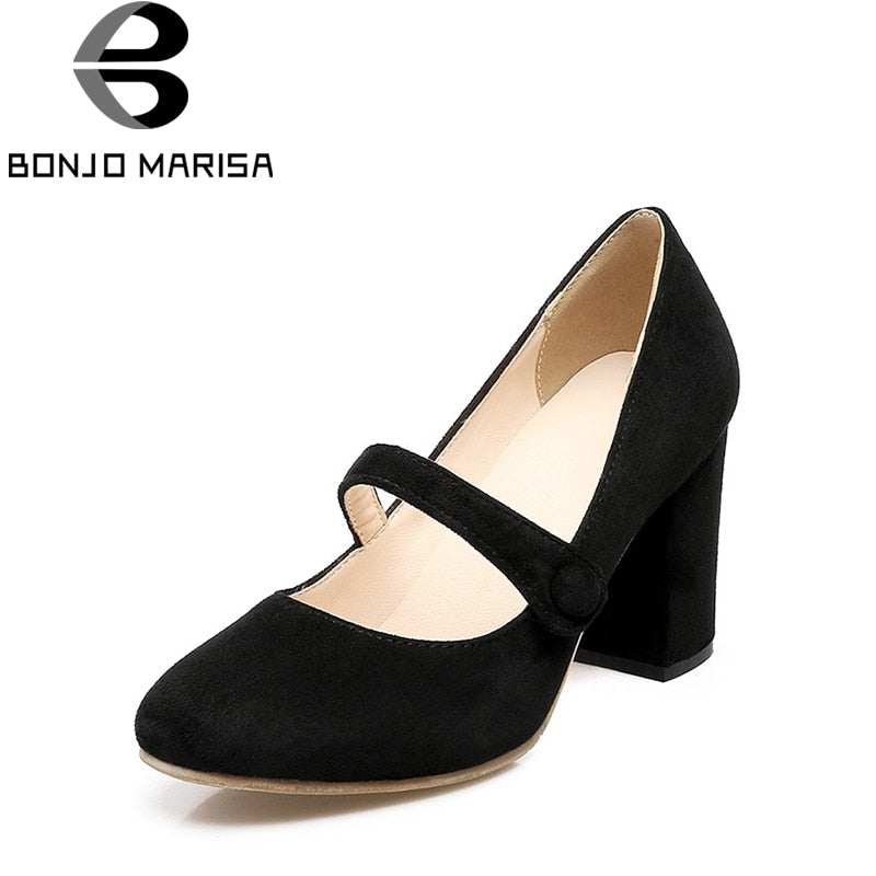 BONJOMARISA [Big Size] Women's Nubuck Chunky Heel Mary Jane Shoes