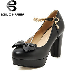 BONJOMARISA [Big Size] Metal Chains Sweet Bowtie Round Toe Platform Mary Jane Shoes